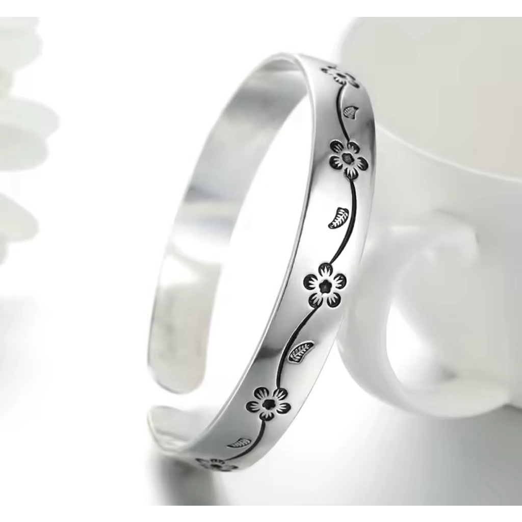 New 999 Silver Cherry Blossom Bangle Cuff Bracelet, Adjustable 60mm